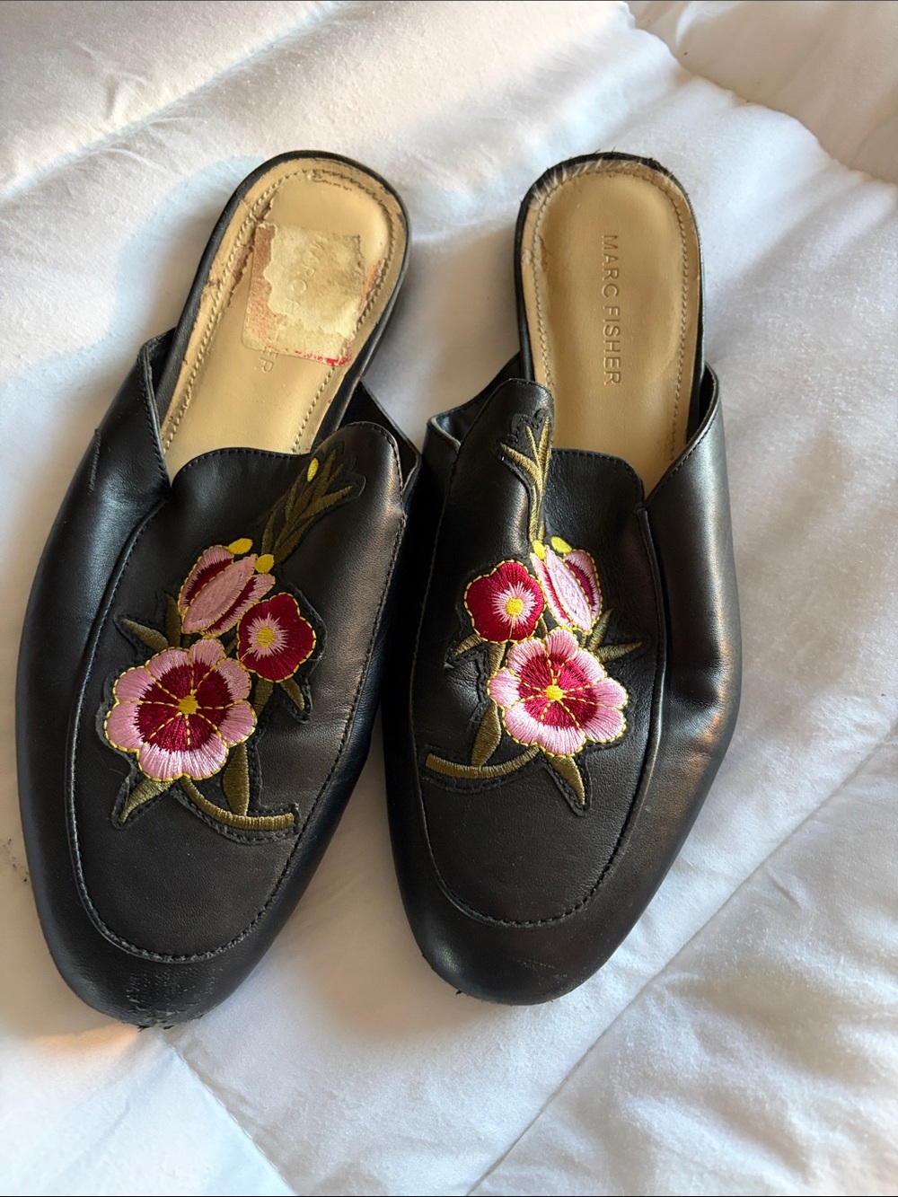 Marc Fisher Black Leather Floral Embroidered Mules - 8.5
